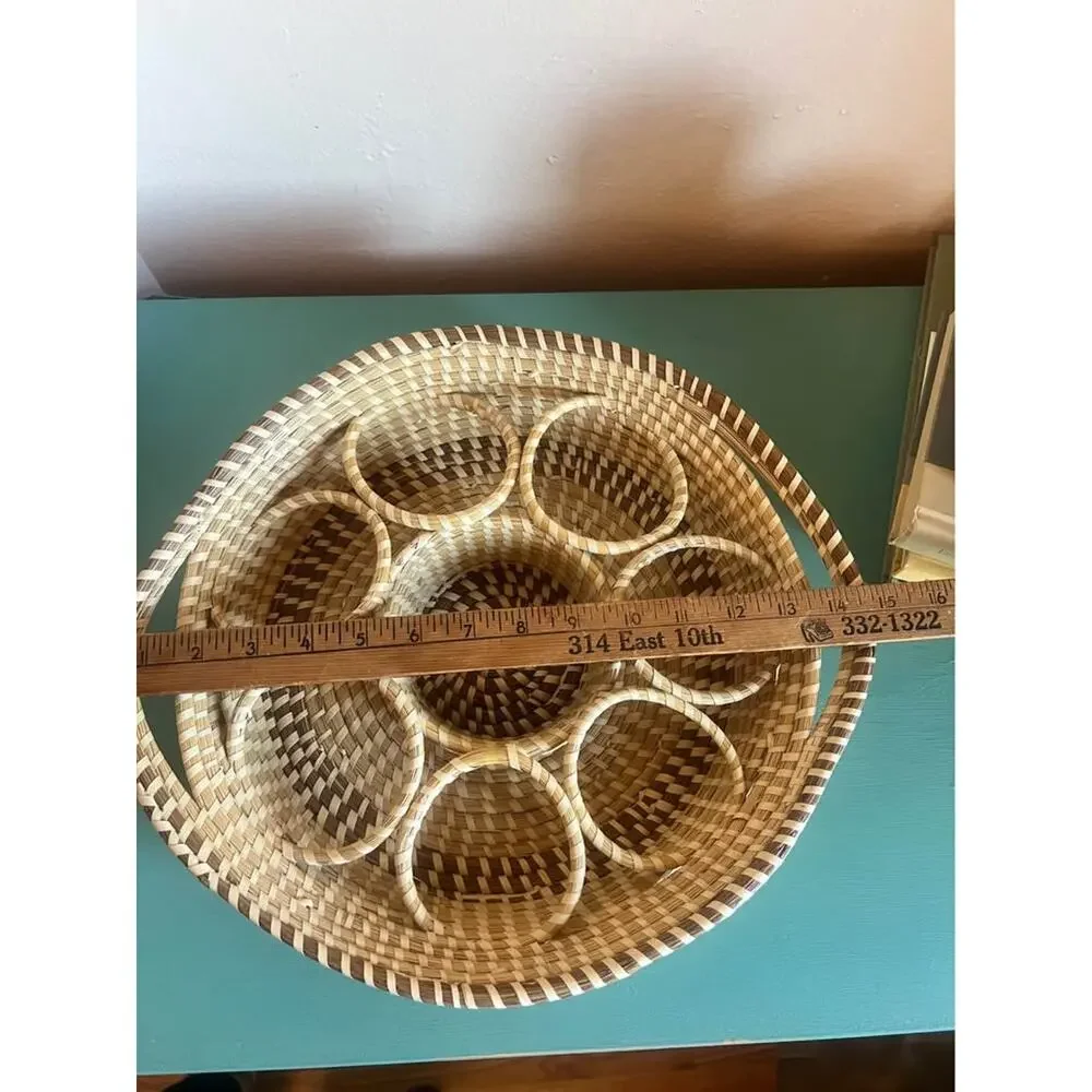 Handwoven Divided Basket Serving Tray | Fruit & Snack Caddy | 15” Diameter